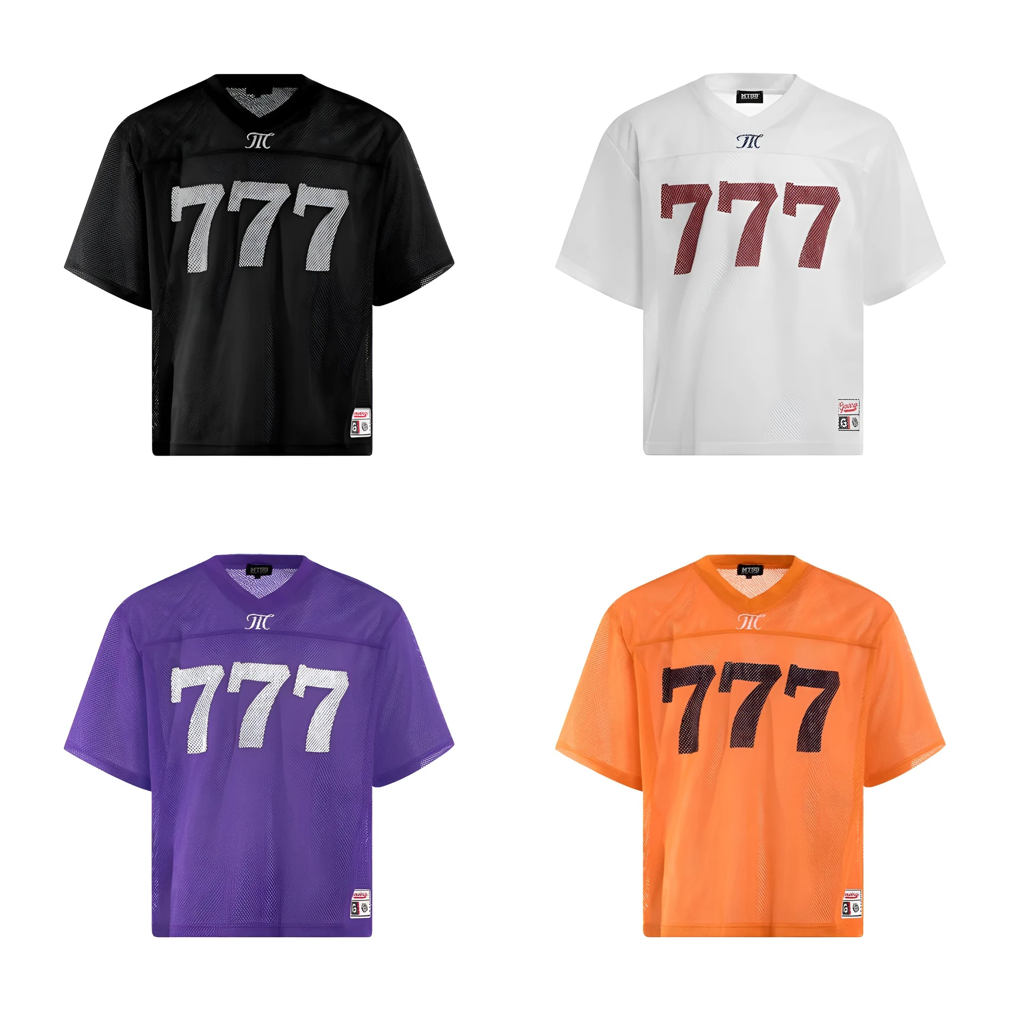 Men's simple loose polyester T-shirt shown in black, white, purple, and orange colour options.