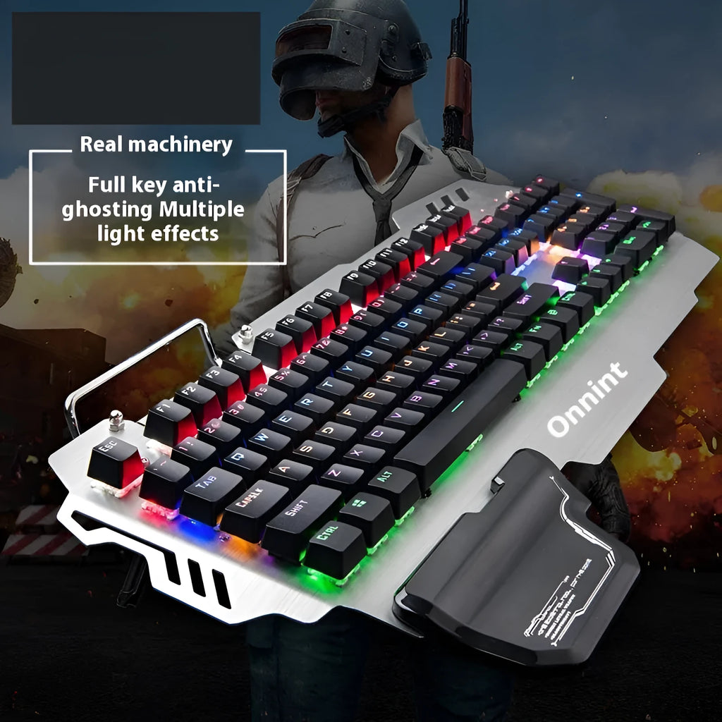 Green Axis silver metal gaming keyboard with integrated wrist splint measuring 55cm length