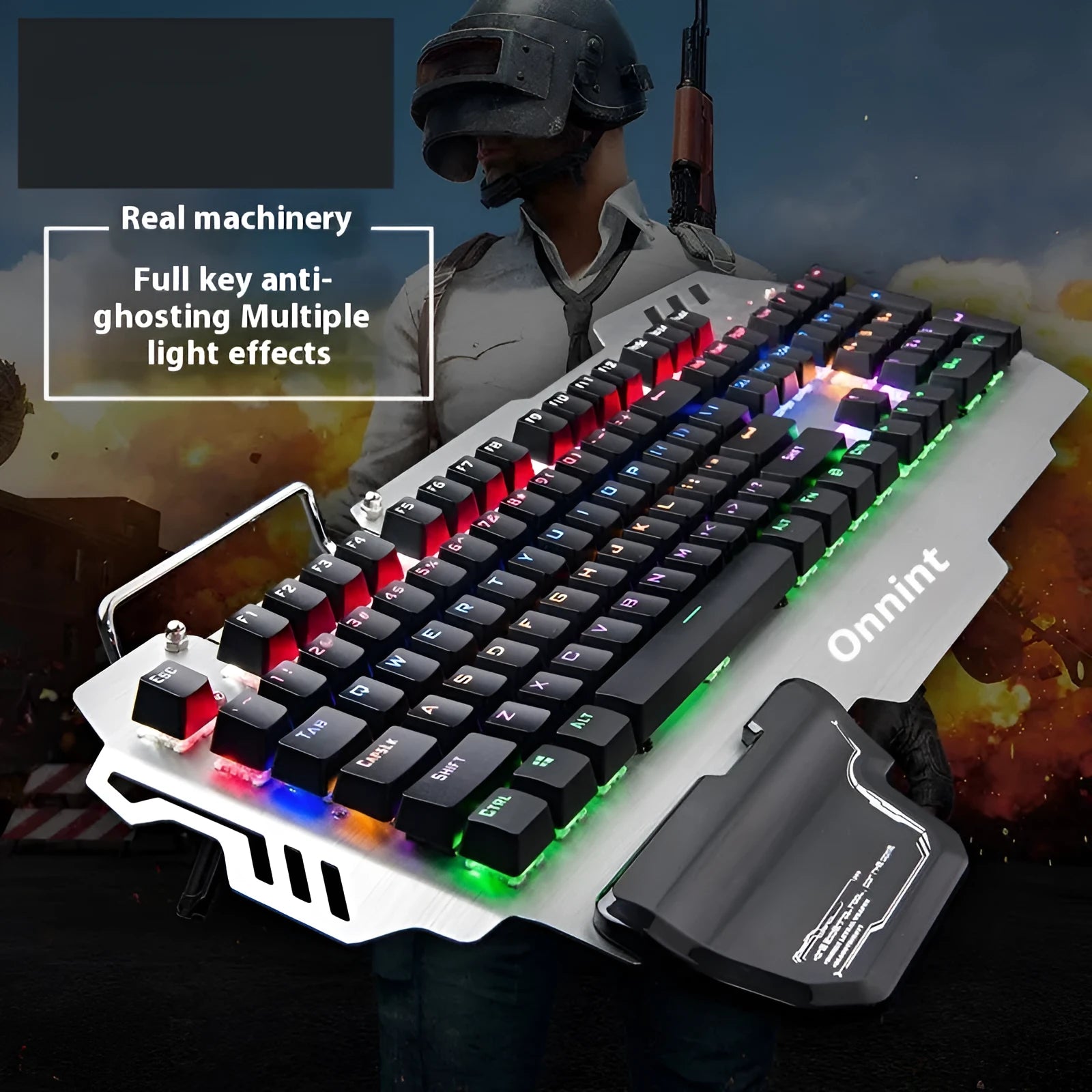 Green Axis silver metal gaming keyboard with integrated wrist splint measuring 55cm length