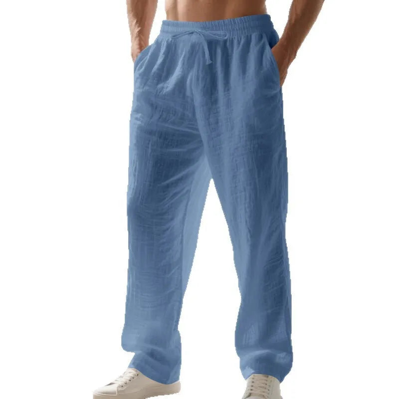 Men's linen solid colour loose wide leg drawstring trousers in orange, pink, fruit green, brown, denim blue, light gray, watermelon red, purplish red