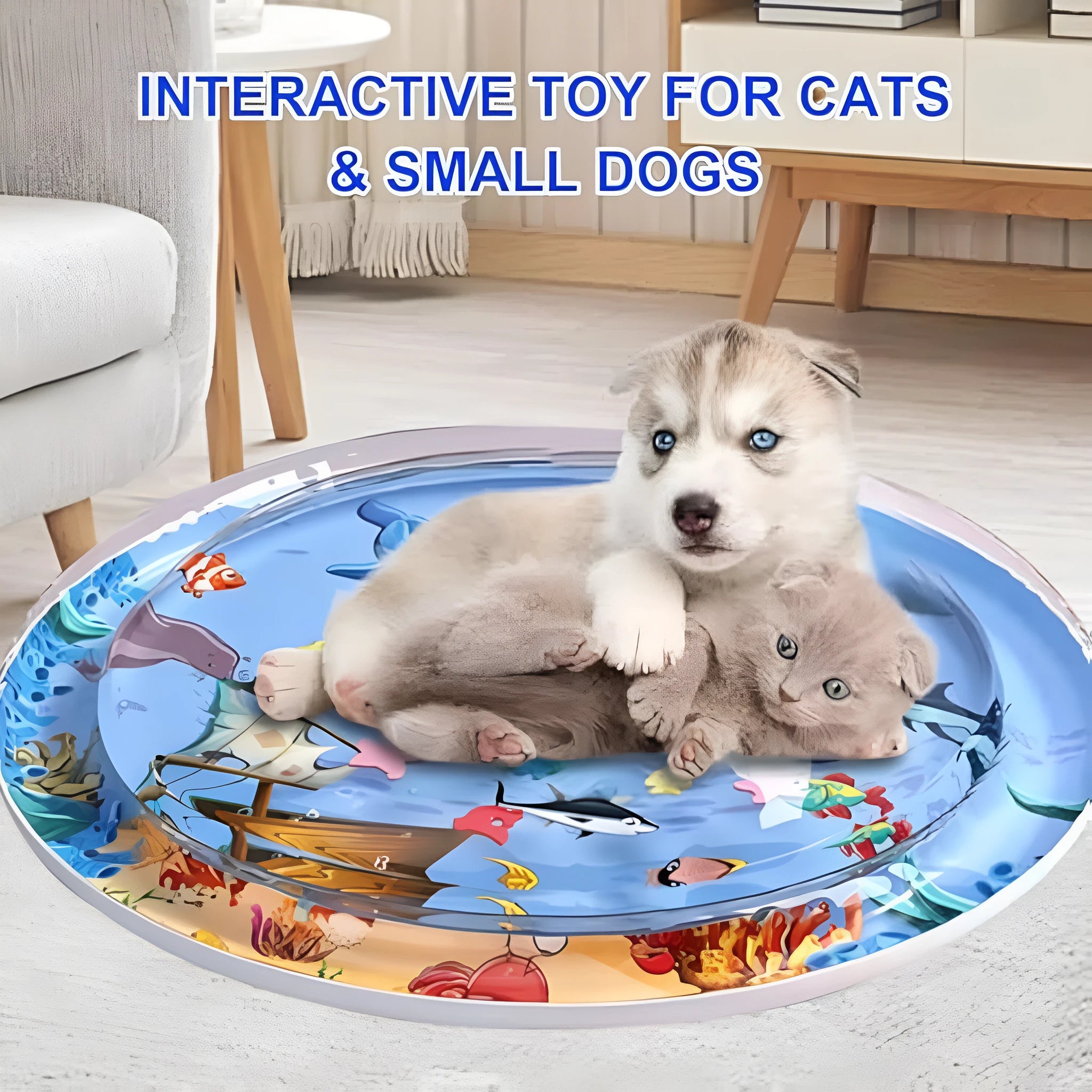 Blue circular cat water playmat on floor, showing ocean fish design and floating fish toys inside.