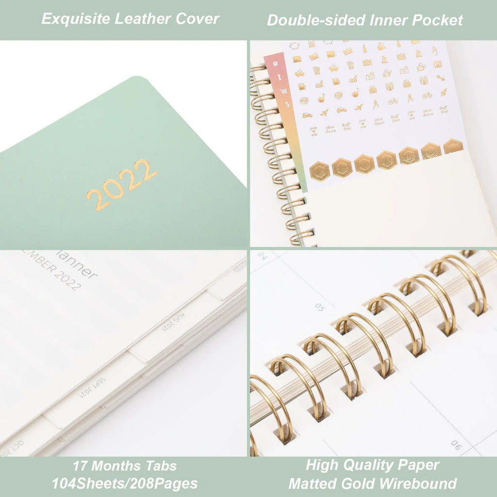 Blue and Green 2022 student week planner notebook with PU leather cover and pocket