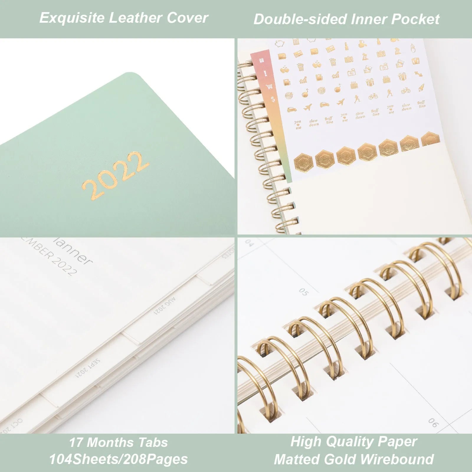 Blue and Green 2022 student week planner notebook with PU leather cover and pocket