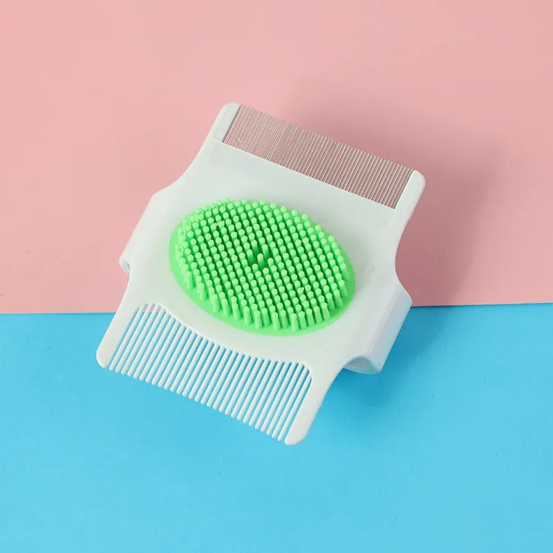 Blue multifunctional pet comb grooming tool showing compact 8.5 cm design with hair removal and massage features