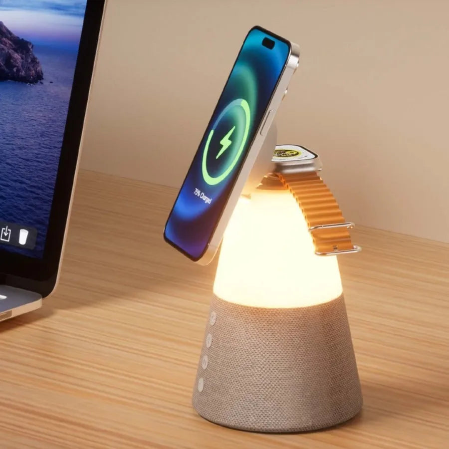 Gray 3-in-1 magnetic wireless charging Bluetooth speaker night light with lithium battery and 15W rated power