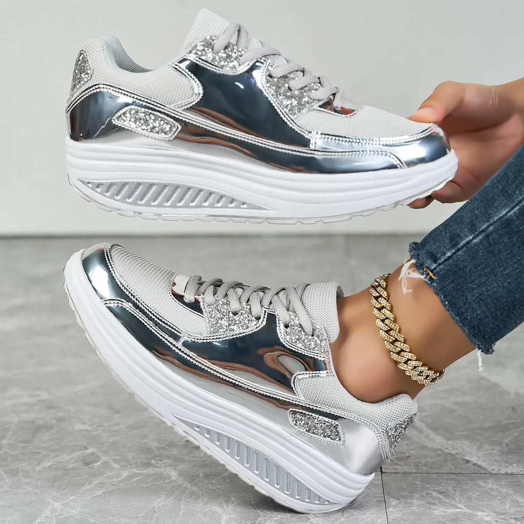 Women's outdoor travel leisure shoes in gold with mesh upper and round toe