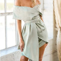 Women's off-shoulder strapless dress with lace-up back and high-waist patchwork skirt in matcha green
