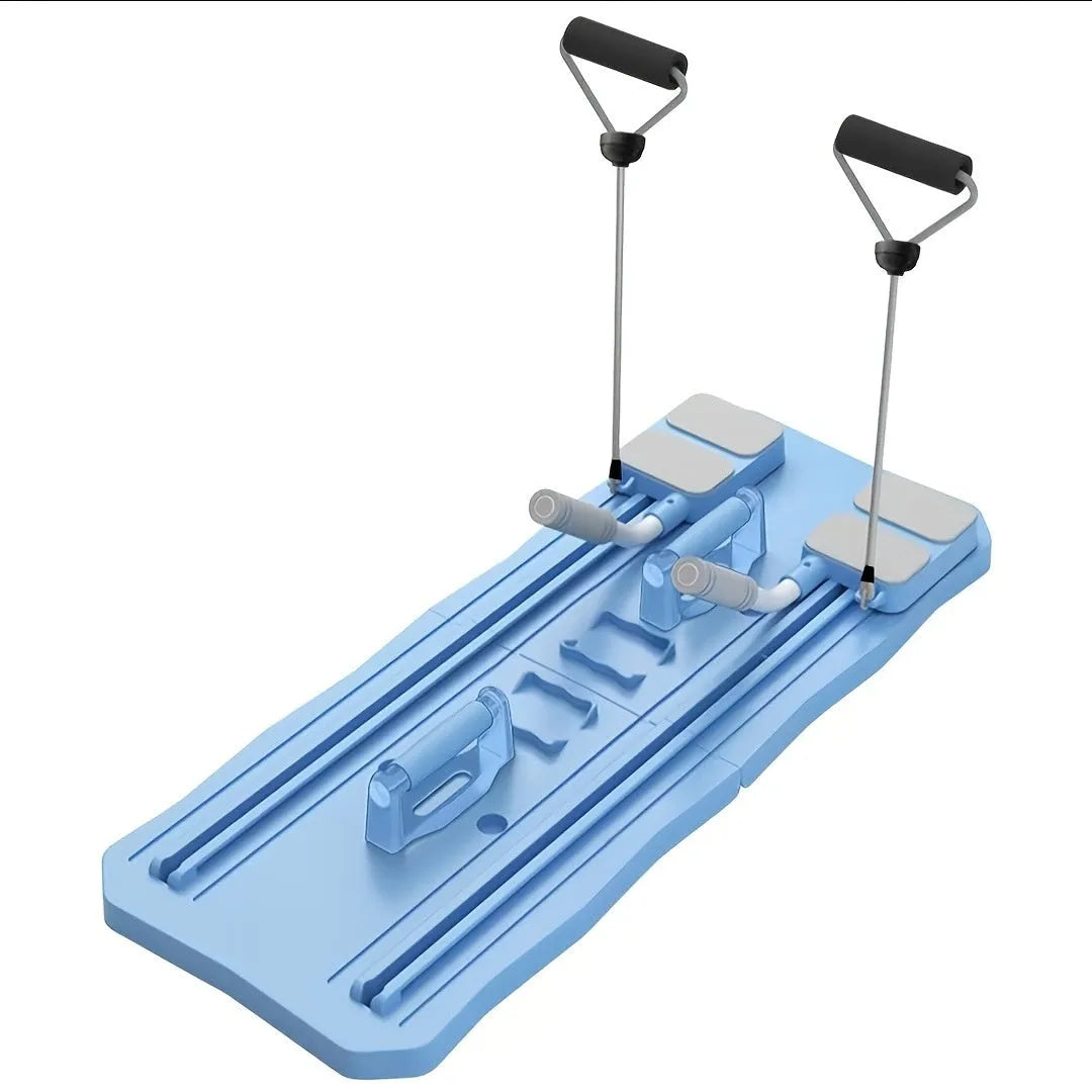 Multifunctional supine fitness board with wheels in blue colour for abdominal workouts