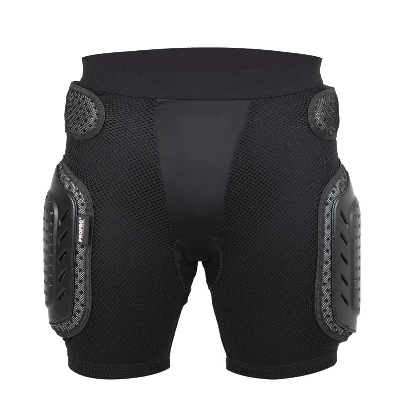 Black cycling multifunctional hip pad protective pants showing the hip protection area.
