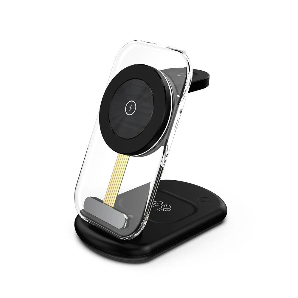 Transparent folding magnetic wireless charger in black showing its compact folded size.