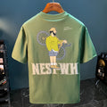 Green loose-fit men's short sleeve T-shirt with a printed design on the front.