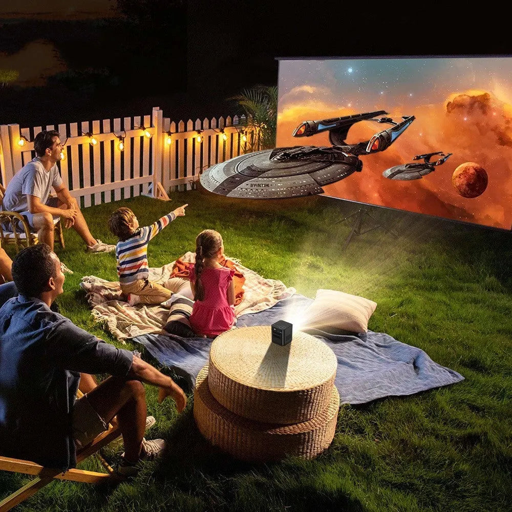 P19 mini DLP projector 82mm x 80mm x 80mm with Android 9.0, 7800mAh battery, and 30-200 inch screen