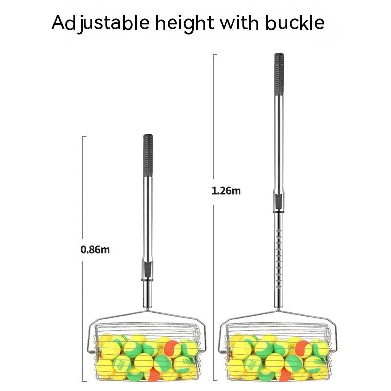 Stainless steel roller tennis ball picker with adjustable head on a court surface.