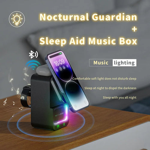 White Bluetooth speaker with integrated wireless charging pad showing phone placement on magnetic mount