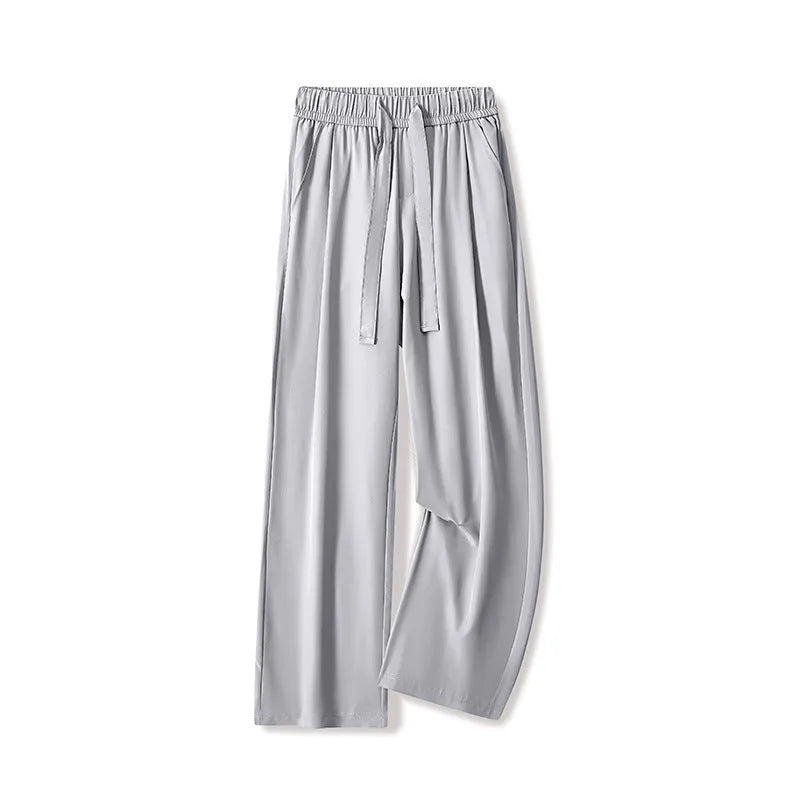 Men's quick-drying loose straight wide-leg casual trousers in black, polyester blend, drawstring waist