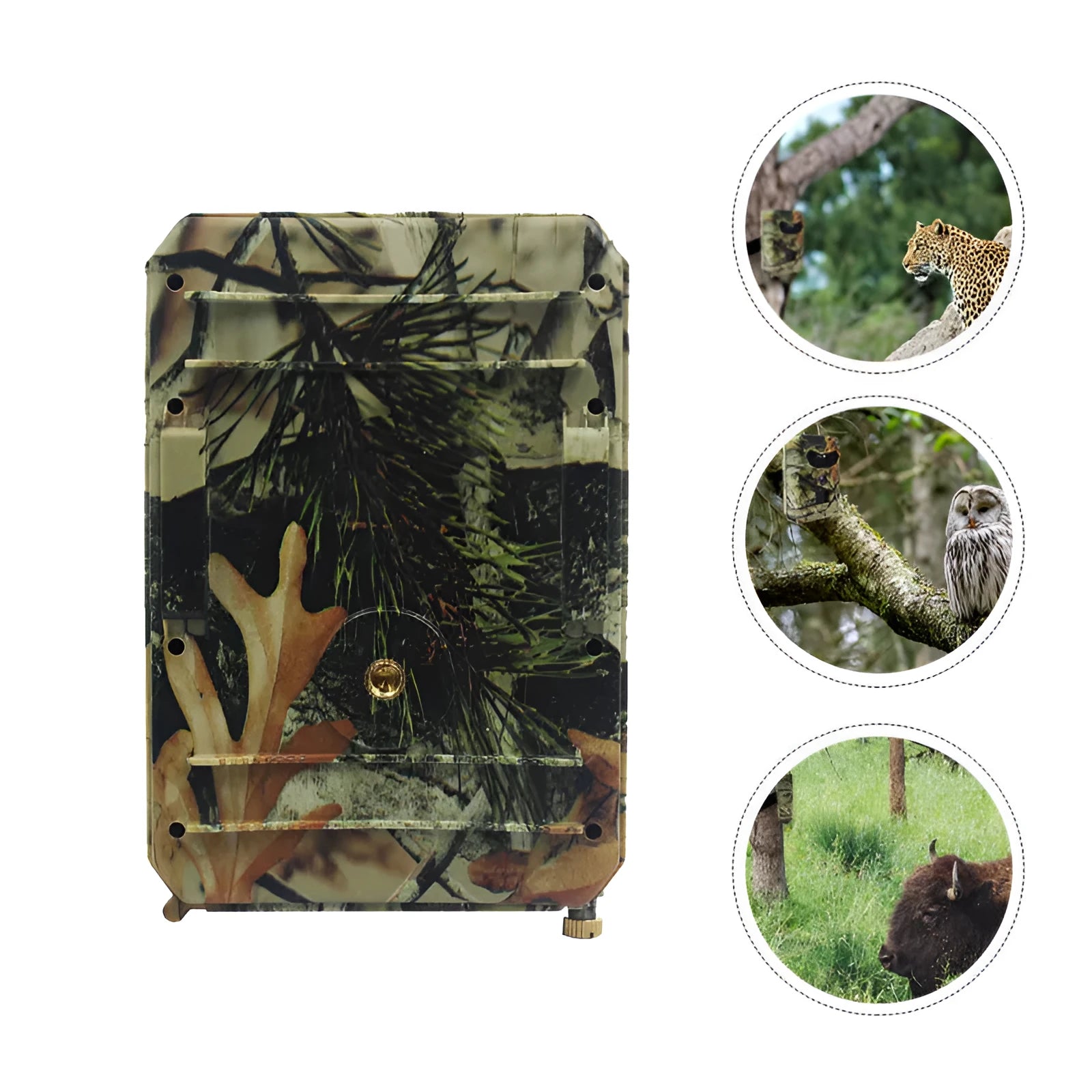 Yellow brown plastic hunting game camera with wide lens showing dimensions 135x90x55mm