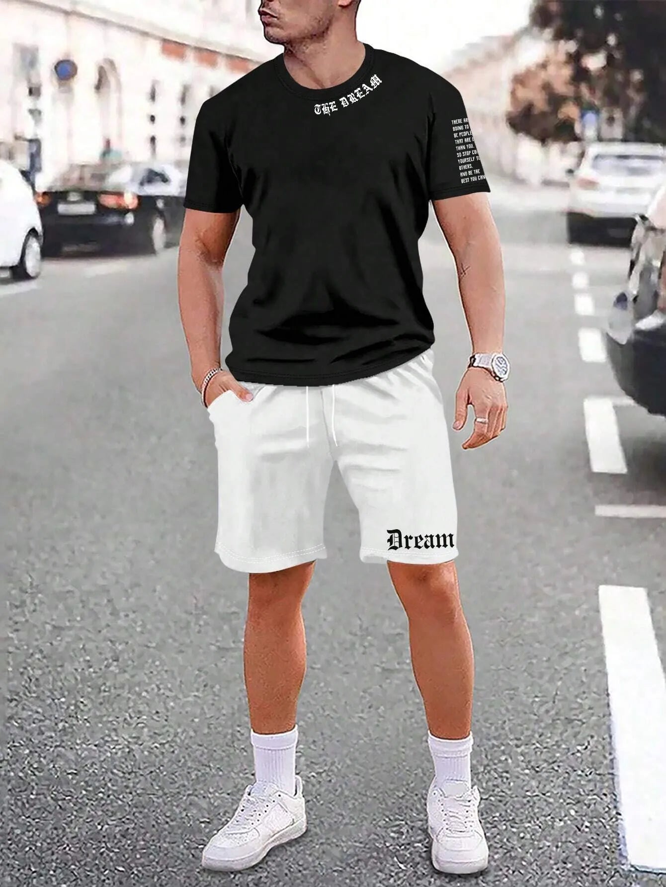 Men's blue sports style short-sleeved top and matching shorts two-piece casual suit set