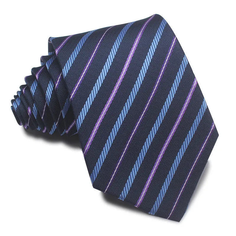 A man's striped formal tie in an arrow style, showing the jacquard texture and width of 7-8 cm.