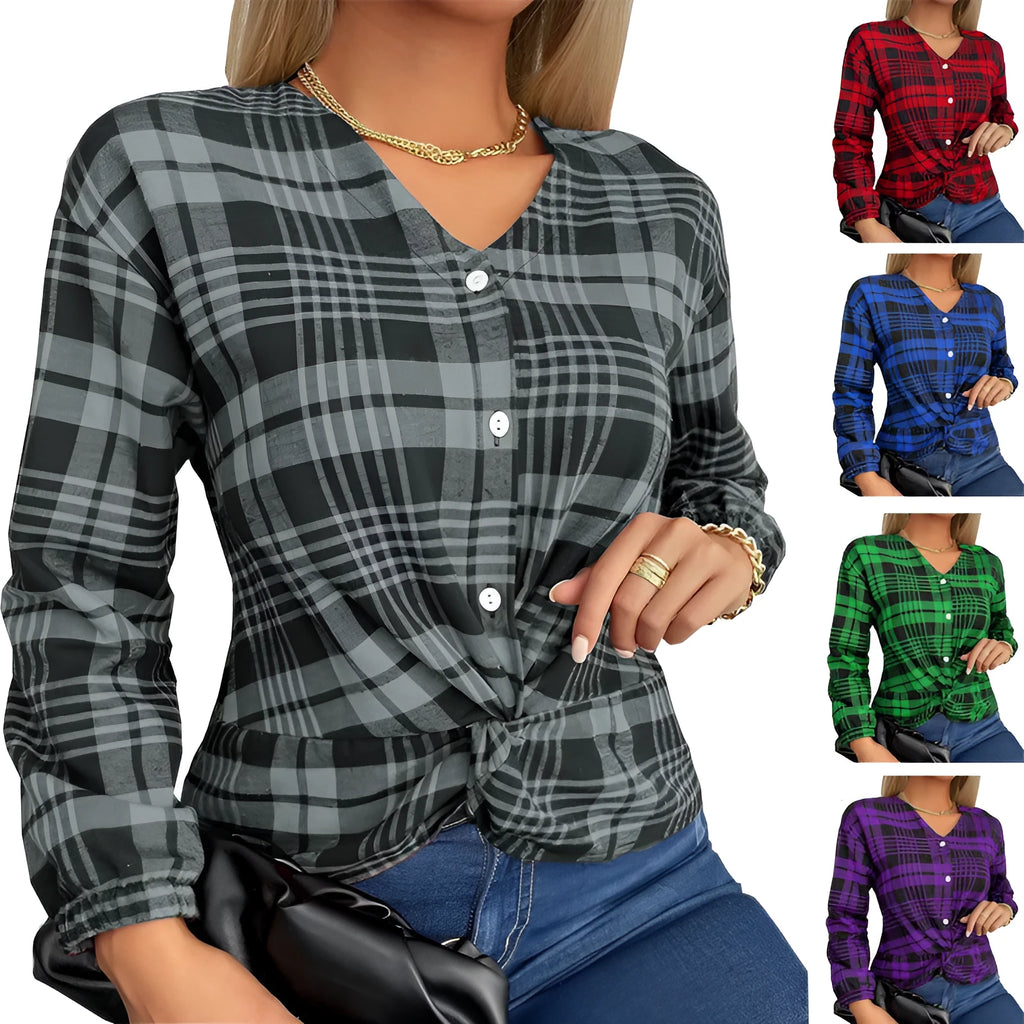 Women's loose fit purple plaid casual shirt with regular sleeves on a hanger.