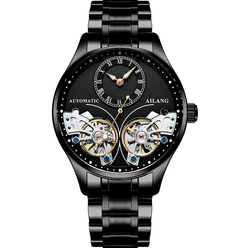 Men's automatic watch with tourbillon, moon phase, black steel case, and transparent back showing Seiko movement.