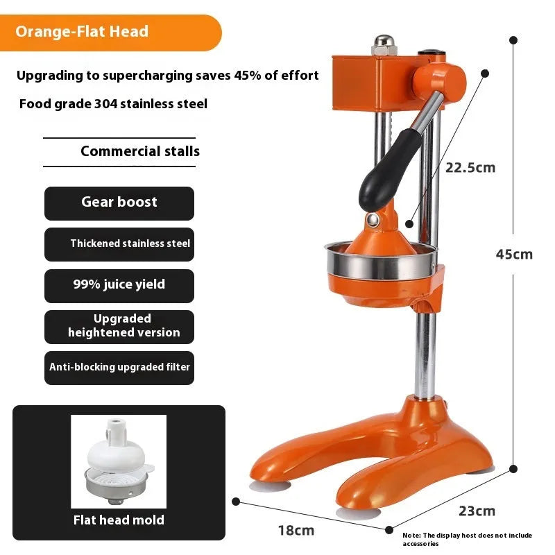 Vertical stainless steel and zinc alloy manual citrus juicer on a kitchen counter.