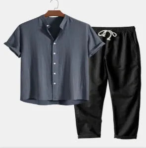Men's green floral printed polyester cardigan and trousers casual suit set