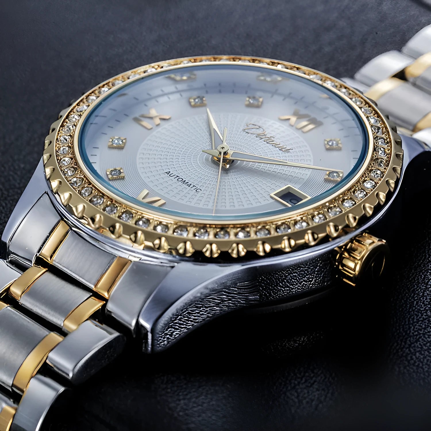 Fashionmonger men's gold and silver automatic mechanical watch with luminous hands on white and black dial.