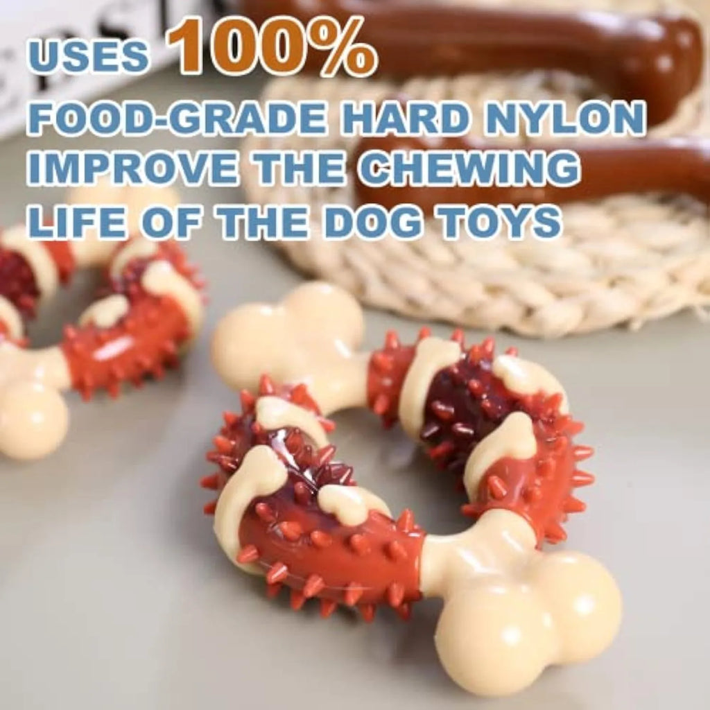 Natural rubber bone-shaped dog chew toy for teeth grinding, shown in large and small sizes.
