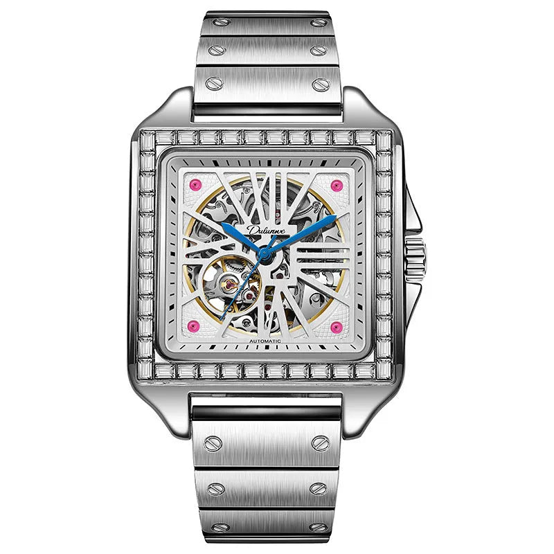 Men's square-faced automatic watch with diamond studs on a stainless steel bracelet.