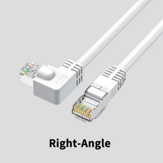 Cat6 Ethernet cable with right-angle metal RJ45 connector in black, available in multiple lengths
