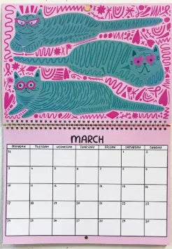 A3 landscape paper wall calendar with cat illustrations for 2024 or 2025