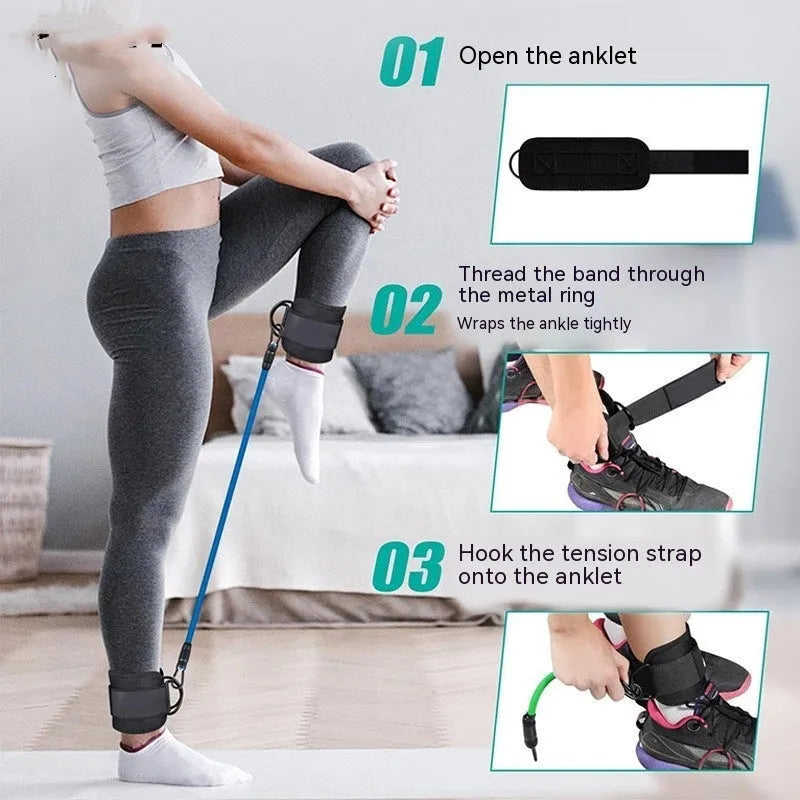 Set of three TPE resistance bands in 10, 20, and 30 pound resistances with two black ankle foot loops and a storage bag.