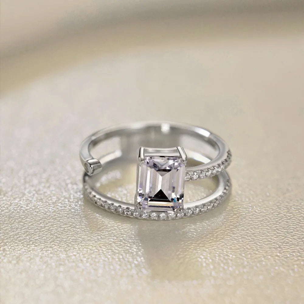 S925 sterling silver ring with rectangular chamfered zircon in platinum colour, hollow band, size No. 7