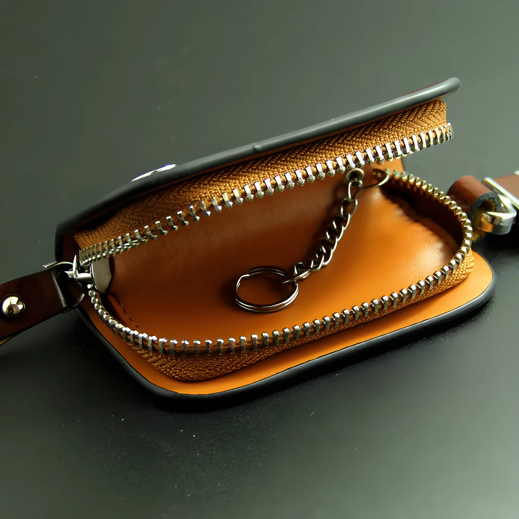 Genuine leather car key case with zipper closure in black or brown