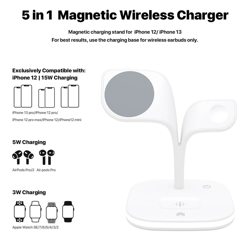 Black or white desktop wireless charging stand for phone, headphones, and smartwatch with 15W max output