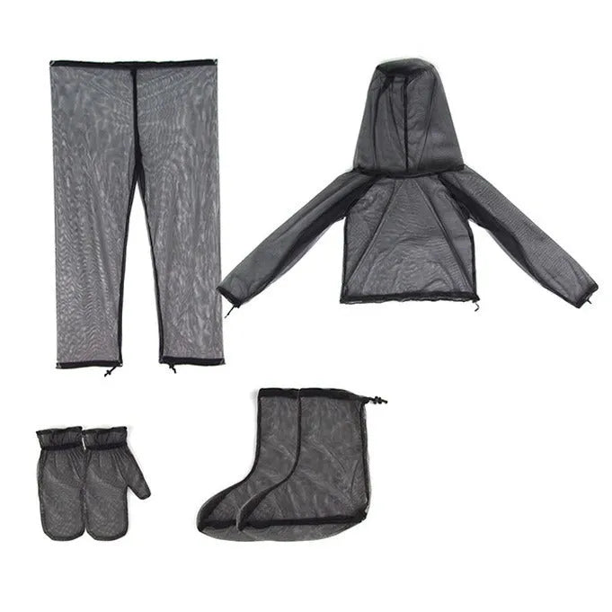 Solid colour mesh anti-mosquito suit set with hood, pants, and booties for outdoor wear