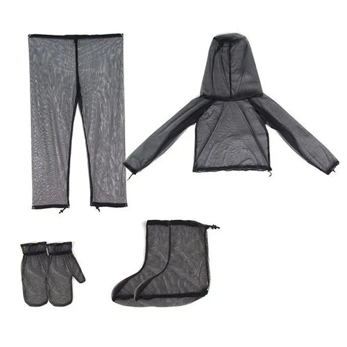 Solid colour mesh anti-mosquito suit set with hood, pants, and booties for outdoor wear