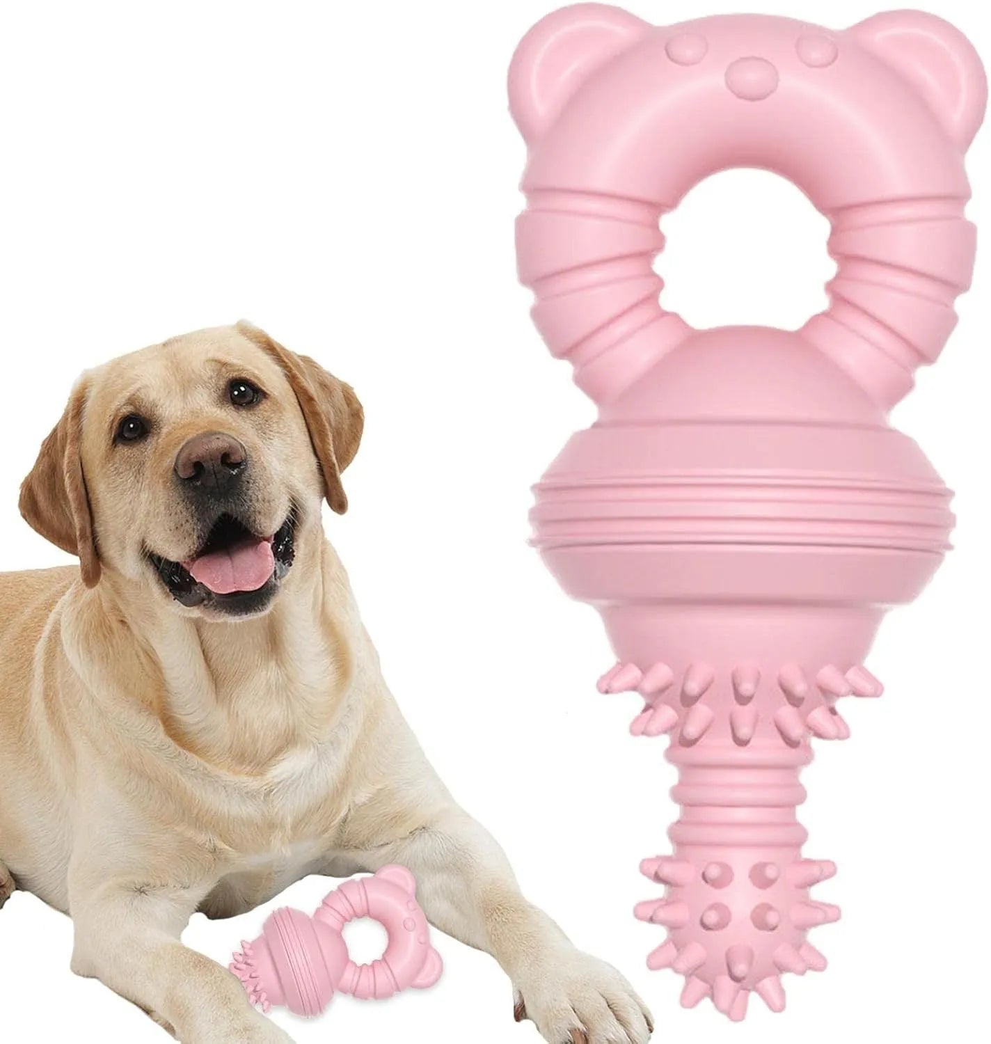 Blue rubber dog chew toy with concave-convex texture and a bell, for aggressive chewers and teeth cleaning.