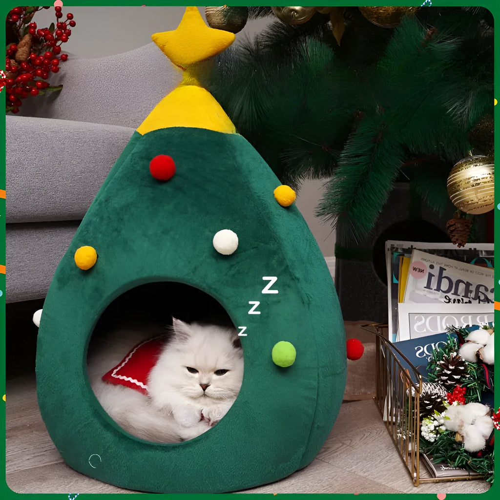 Christmas tree shaped plush teddy cat nest cave bed in warm colours with size dimensions