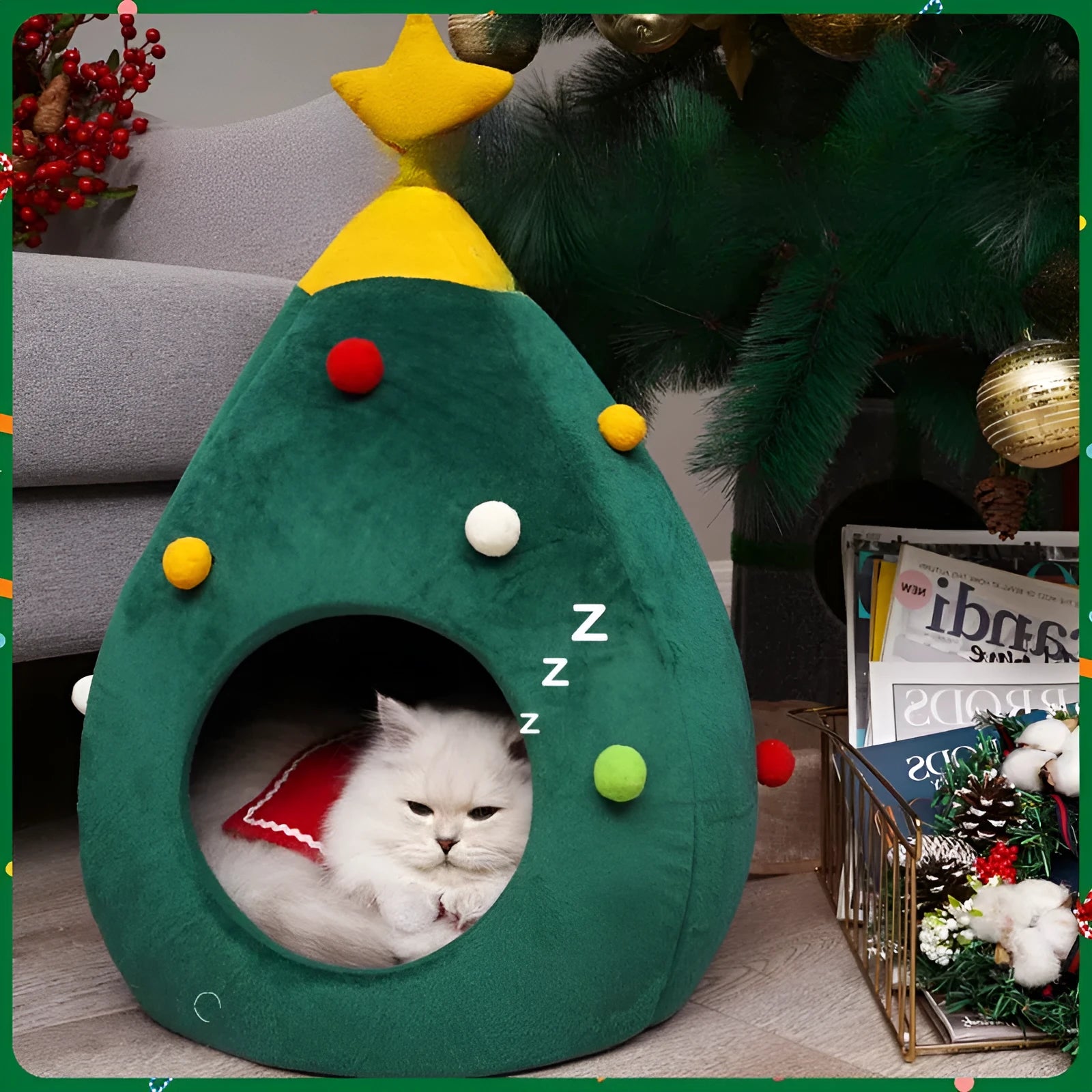Christmas tree shaped plush teddy cat nest cave bed in warm colours with size dimensions