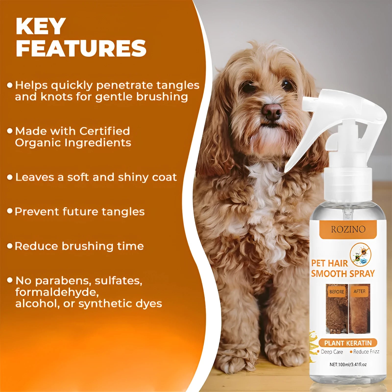 Pet-specific anti-static anti-knotting odour removing grooming spray in 100ml bottle for dogs and cats
