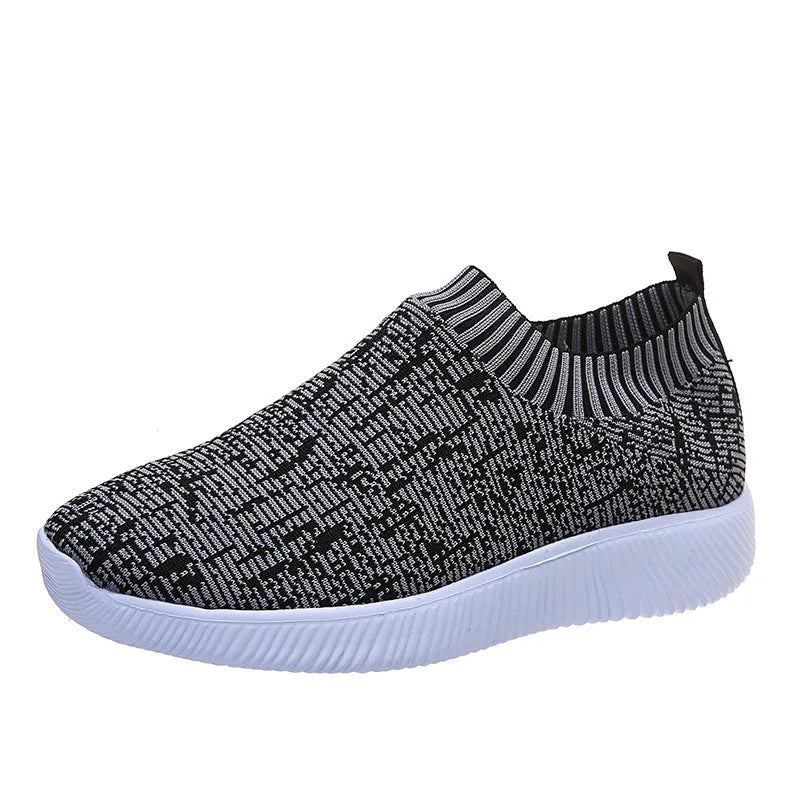 Stripe knit sock shoes for unisex running walking flat sneakers in white with EVA sole