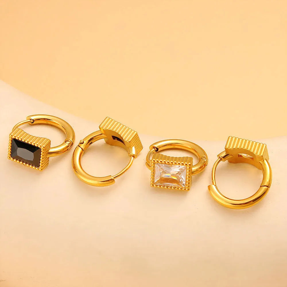 Square zircon geometric stainless steel earrings in white, black, and green colours.