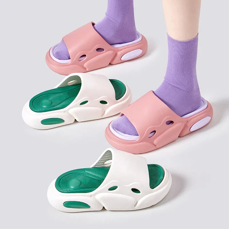 Two-colour thick-soled EVA slippers with leather lining in Pink Purple colourway.