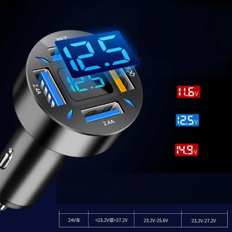 Black four-port USB car charger with LED voltage display plugged into a car socket.
