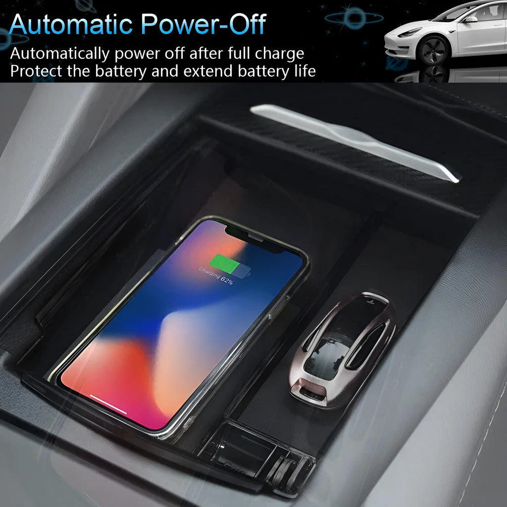 Black wireless charging storage box with QI standard fast charging capability