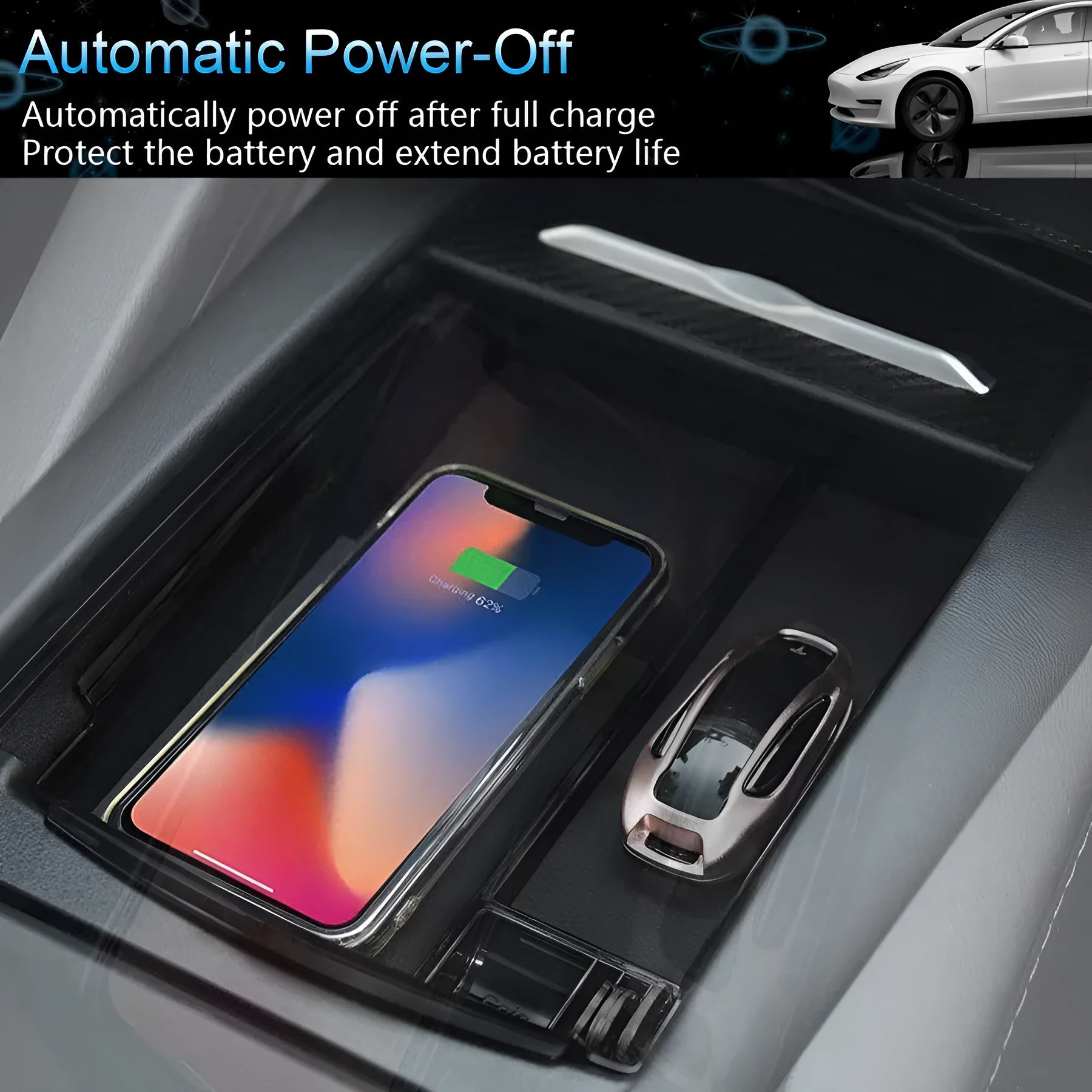 Black wireless charging storage box with QI standard fast charging capability