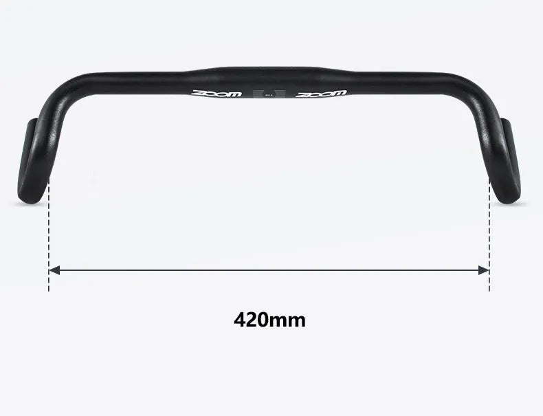 Black aluminium road bike bent handlebar showing 420mm width and 31.8mm clamp diameter