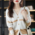 Women's slim fit V-neck cardigan with black and white 3D stripe pattern
