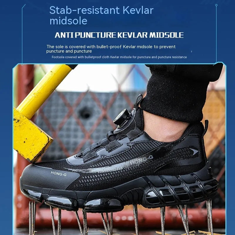 Lightweight black safety work shoes with steel toe cap and lace-up front on industrial background.